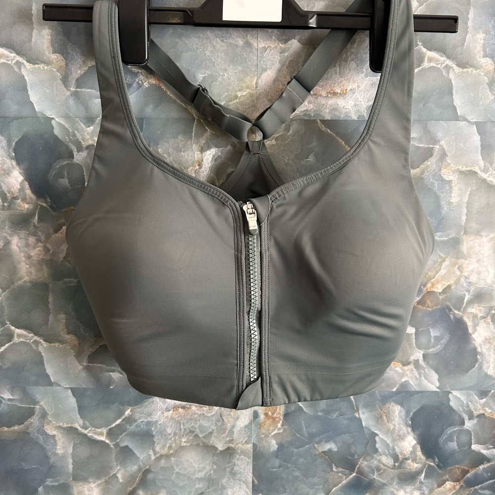 Athleta Gray Zip-Front Sports Bra / size 36 D